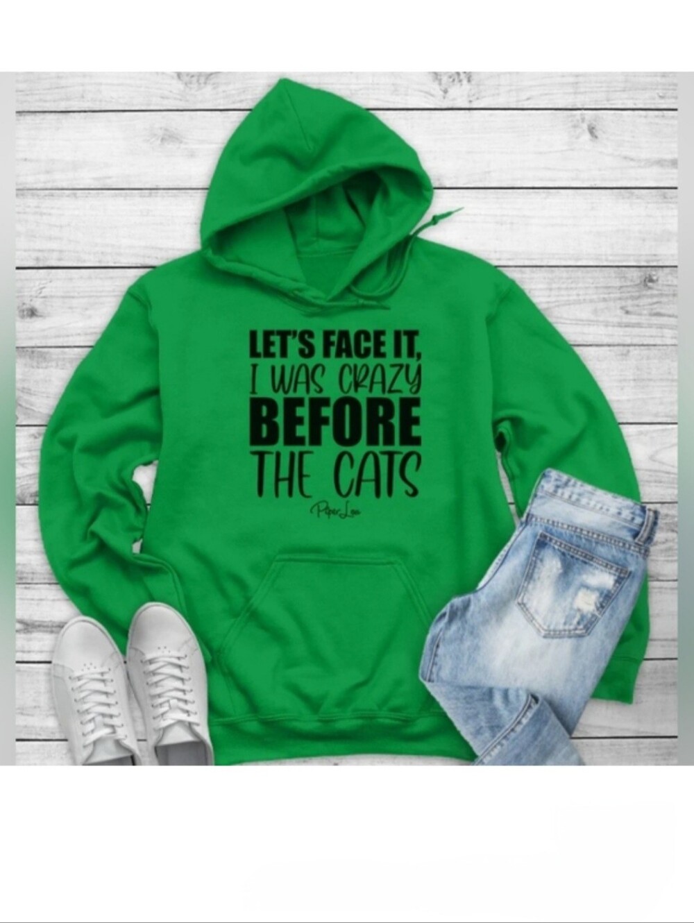 Piper Lou " Crazy Before The Cats"  Green Graphic Hoodie Sweatshirt size Large